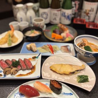 “豪华宴会套餐”包含7道时令菜肴和100分钟无限畅饮，仅需8800日元！