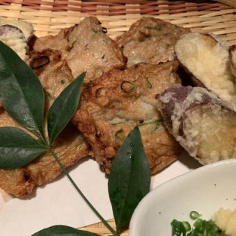 Surimi tempura with plenty of Okayama vegetables, sweet potatoes with heaven
