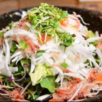 Japanese-style salad of sakura shrimp and arugula from Okayama prefecture