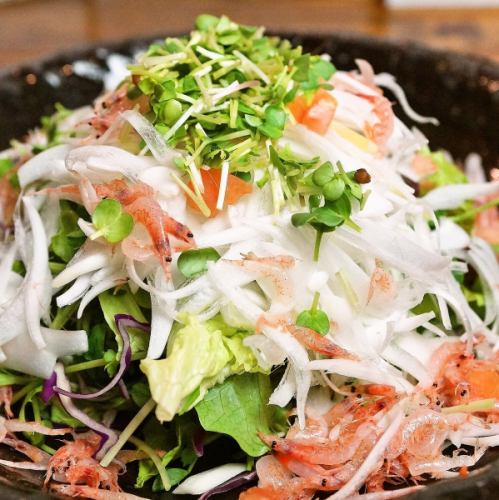 Japanese-style salad of sakura shrimp and arugula from Okayama