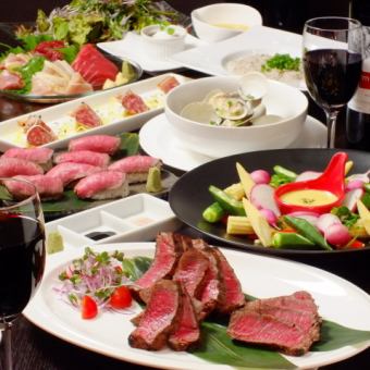Luxurious♪ A luxurious course of Japanese black beef nigiri sushi and charcoal-grilled Japanese black beef fillet (3 hours, all-you-can-drink included) *For 2 or more people