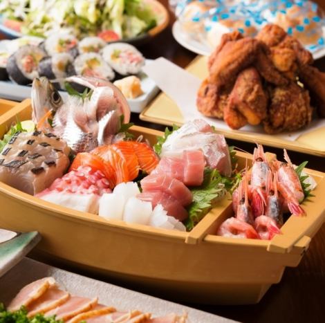 【ぴっちぴちな天然鮮魚の舟盛りが付いた飲放付きプラン】おさかなバカ店長のうまみ溢れる刺身をどうぞ★