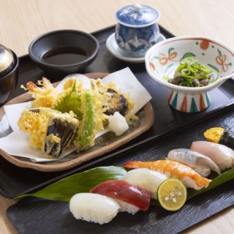 [Lunch] A luxurious lunch where you can enjoy freshly fried tempura and sushi all at once ♪ Ikuta Tempura Set ♪ 2,500 yen (tax included)