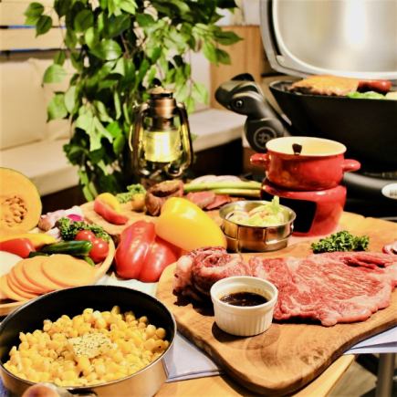 [No.1 popular glamping BBQ all-you-can-eat meat course (cheese fondue x tacos included)] + All-you-can-drink for 2.5 hours on weekdays (2 hours on weekends)! → 5,980 yen