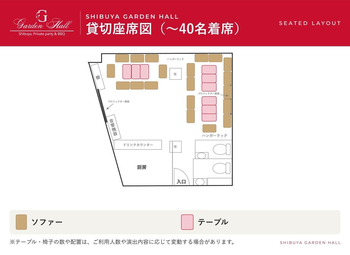 渋谷ガーデンホールの40名着席までの貸切座席図。ソファとテーブルを3列に並べ、2面のプロジェクター画面が見える配置