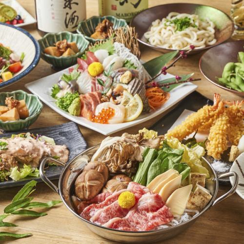 [San]吃最好的♪國產和牛壽喜鍋和5種生魚片◎包含無限暢飲2.5小時9道菜5000日元