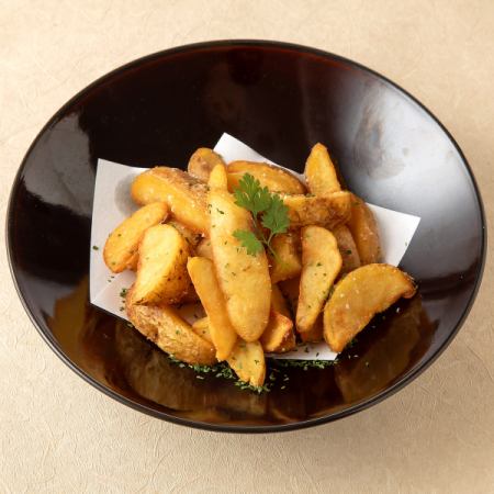 Deep fried potatoes with skin, Okinawan salt, Shima Mars