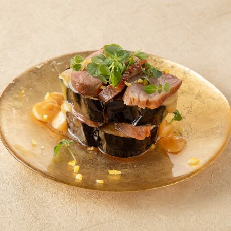Roasted duck and eggplant with yuzu and Kyoto white miso sauce