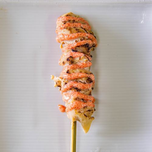 Peach skewers with cod roe and mayonnaise
