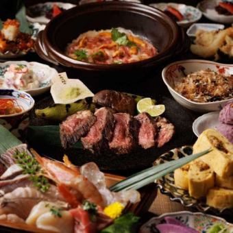 「陸天下套餐」 內含自選砂鍋飯、炭烤鮮魚等12道菜品，以及3小時無限暢飲，7,500日元