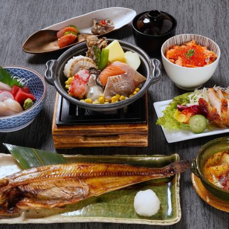 [Food only] Seafood ceramic plate/Atka mackerel/Shiretoko chicken/Grilled salmon and salmon roe rice bowl! THE Hokkaido "Rausu Course" 8 dishes in total