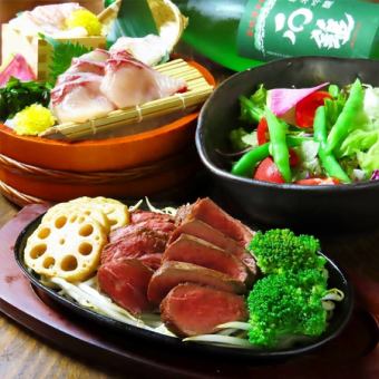 [Seasonal limited course 7,000 yen (tax included)] 10 dishes including rare cuts of charcoal-grilled beef sirloin and 5 kinds of sashimi / 3 hours all-you-can-drink