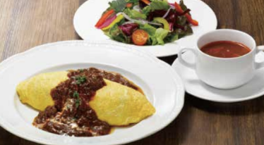 Demi-glace sauce prepared in omurice store (with salad and soup)