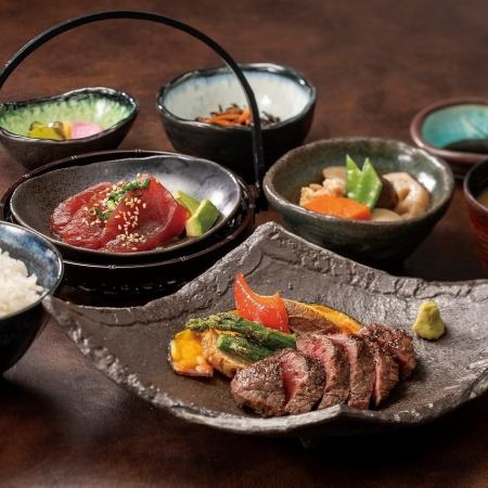 【個室限定】☆ お膳料理 ☆    黒毛和牛の網焼き＆漬マグロ膳　(デザート、コーヒー付)