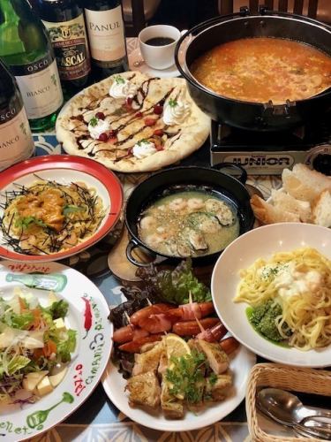 魚介もお肉も楽しみたい！牡蛎アヒージョ・デザートピザも！充実コース