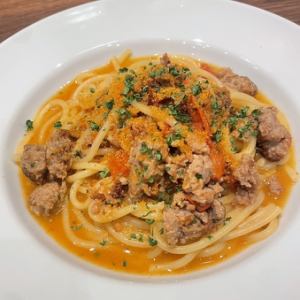 【オイルベース】サルシッチャとプチトマトのアーリオオーリオ ～からすみがけ～