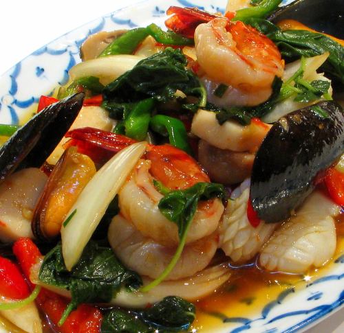 Stir-fried seafood with spicy basil "Talay Pad Cha"