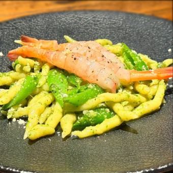 Handmade trofie with Hokkaido sweet shrimp and organic basil pesto genovese