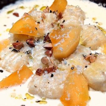 Kitaakari hand-made gnocchi with Fuyu persimmon and gorgonzola sauce