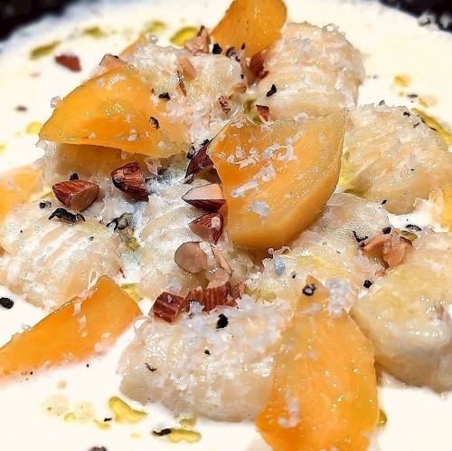 Kitaakari hand-made gnocchi with Fuyu persimmon and gorgonzola sauce