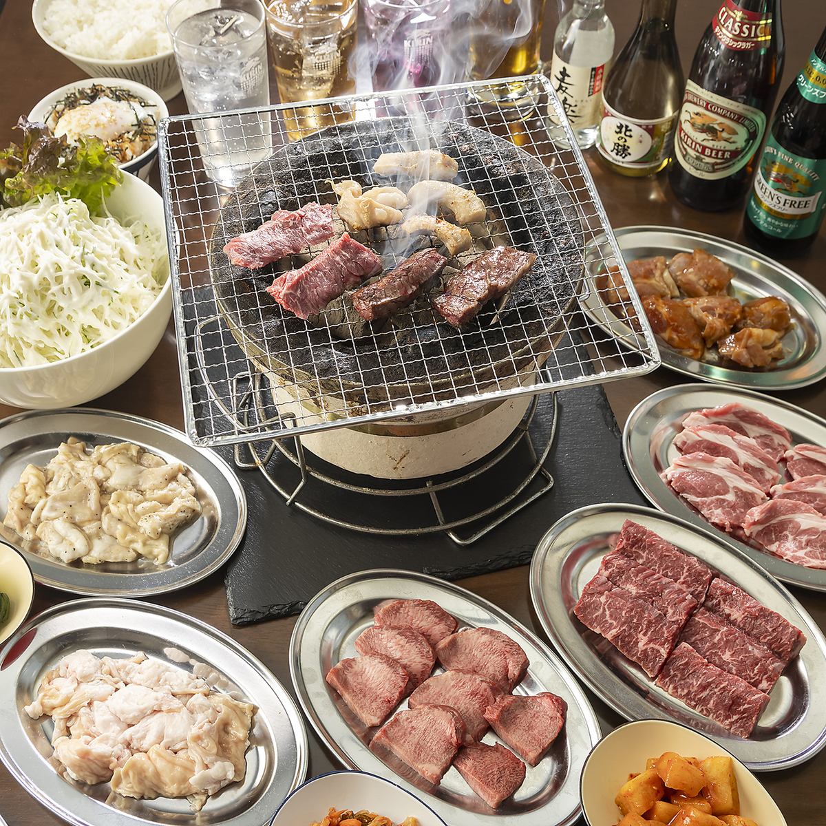 At our restaurant, you can enjoy a variety of meats such as beef, pork, chicken, and lamb over charcoal.