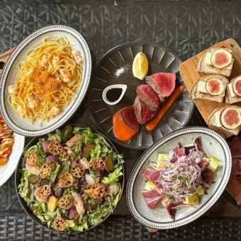 【平日お得！3時間】全８品3時間飲み放題付(金土祝除く)　黒毛和牛と戻り鰹、ピザ堪能コース