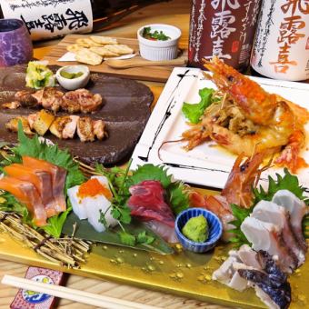 「豪华套餐5,500日元（含税）」2小时无限畅饮，包括7种生鱼片/蛋黄酱大红虾/著名海胆...共8种