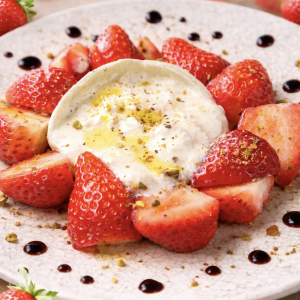 Burrata cheese and seasonal fruit caprese