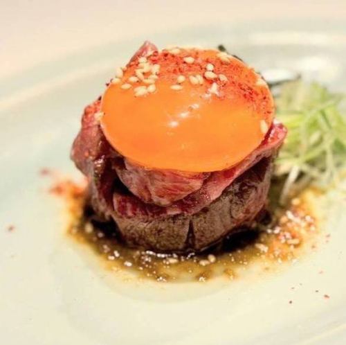 Smoked and seared Wagyu beef yukke