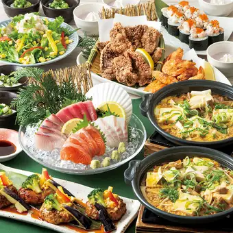 【雅の宴】軍鶏つくねと彩り野菜や刺身四種盛り・海老タルのっけ寿司等8品+飲み放題付5000円