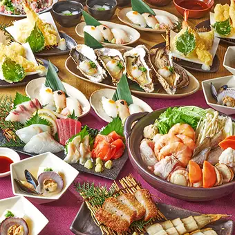 【極の宴】豪華ちゃんこ鍋や焼き牡蠣・刺身五種盛合せや海老天ぷら等9品+2H飲み放題付6000円