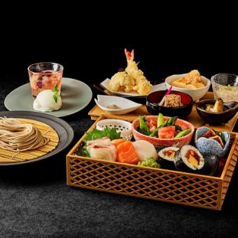 【ランチ限定】天神御膳 ～天麩羅・お刺身など十種の前菜と打ち立て十割そば・デザート～