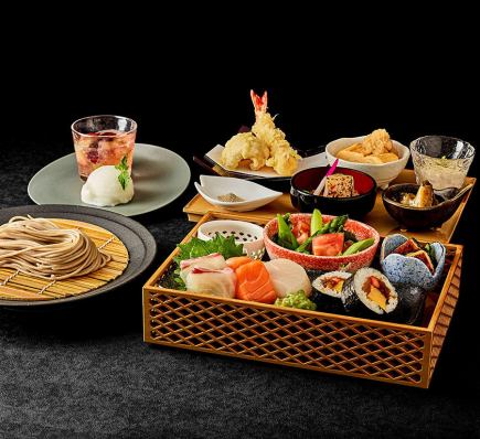 【ランチ限定】天神御膳 ~天麩羅・お刺身など十種の前菜と打ち立て十割そば・デザート~