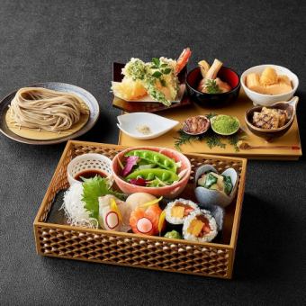 【平日・数量限定】天神御膳 ～天麩羅・お刺身など十種の前菜と打ち立て十割そば・デザート～