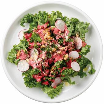 Kale and nut salad ~ Beet dressing ~