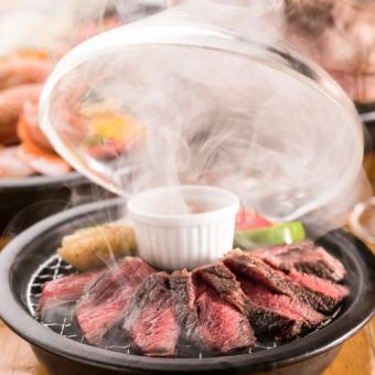 本日のシュラスコ肉の瞬間燻製～出汁卵を添えて～