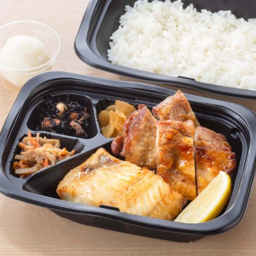 Charcoal grilled Atka mackerel and moromi chicken bento