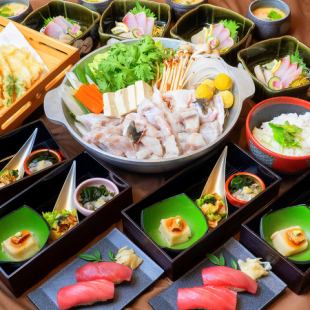 河豚火锅和新鲜金枪鱼寿司【豪华火锅套餐】含无限畅饮 7,000日元(含税)