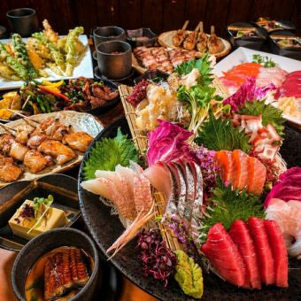 1000円OFF【豪華満喫コース】厳選刺身・焼鳥・白老牛・鰻等全10品120分飲み放題付7000円→6000円