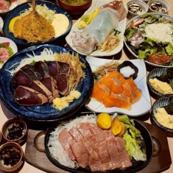 豪華☆白イカの姿造り/鳥取和牛/藁焼きカツオ＆琴浦サーモンなど全9品◇2時間飲み放題付