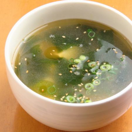 Korean-style soup with tofu and wakame seaweed