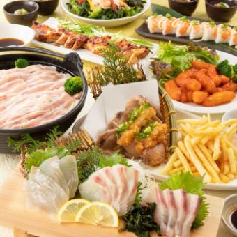 【酒屋】生鱼片3种拼盘、蒸猪肉火锅、炸金枪鱼尾等8道菜+无限畅饮4,500日元