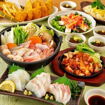 【さかなや】鶏と海鮮のちゃんこ鍋や刺身三種盛り・鮪メンチや鯖フライ等7品＋飲み放題付4500円