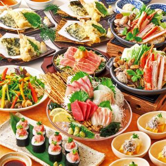 【漁火】本鮪入り刺盛や鮪ハラモステーキ・ズワイガニ陶板蒸しや天ぷら等8品＋飲み放題付6500円