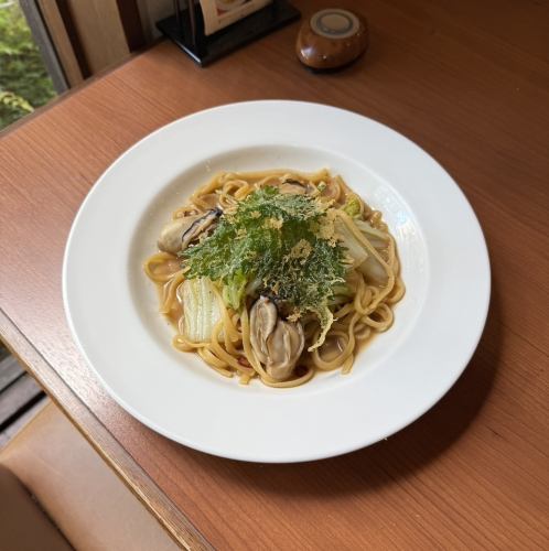 Hiroshima Oysters and Chinese Cabbage with Butter and Soy Sauce Peperoncino, Served with Shiso Tempura