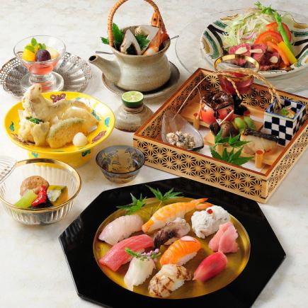 Chef's choice course (upper level): Wagyu beef steak, nigiri sushi, earthenware pot, appetizer, jumbo shrimp tempura, stew, dessert