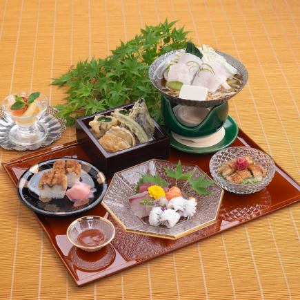 【はも御膳】(鱧落とし、鱧天ぷら、鱧しゃぶ鍋、鱧すし、鱧ざく、デザート)5,500円(税込)