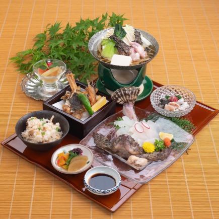 おこぜ御膳 5,500円  おこぜ薄造り、　スープしゃぶしゃぶ鍋、　骨の唐揚げ、　皮酢の物