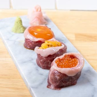 [Oyaji's photo/photography course] ~ 8 dishes including potted potato salad, salmon rare cutlet, shrimp tempura, meat gunkan, etc. 2500 yen