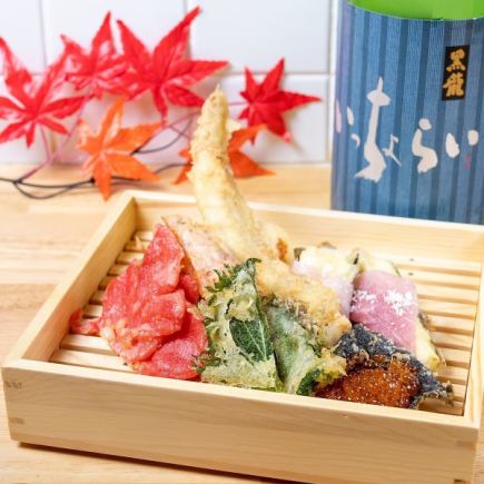 【亲子天妇罗享受套餐】包括亲子天妇罗拼盘在内的8道菜和120分钟无限畅饮4,500日元⇒3,500日元